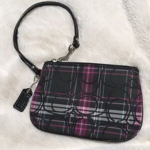 💐Coach Poppy Tartan Plaid Mini Wristlet Wallet Coin Purse Black/Purple